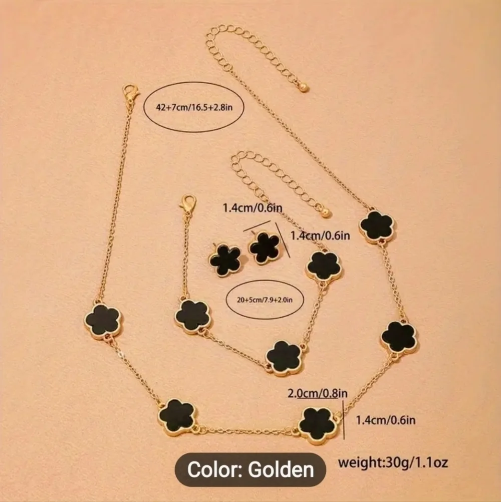 Black necklace bracelet earrings set gold plated